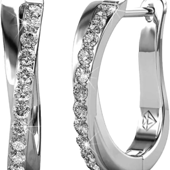 18k White Gold Hoop Earrings Women Silver Twisted Crystal Design Gift